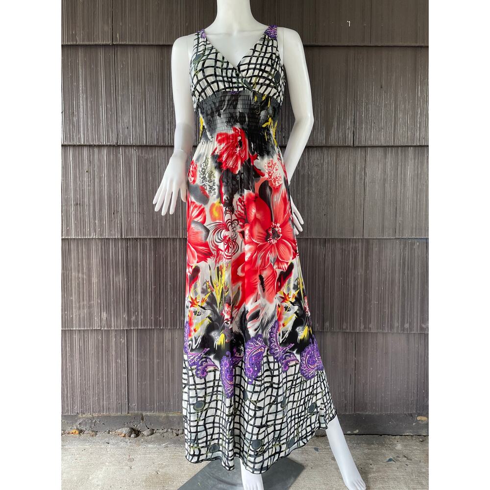 💖5/$25 Fashion Instincts Jersey Floral Check Floral Abstract Artsy Maxi Dress S